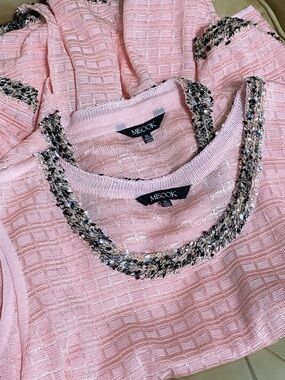 LKNW Misook Twinset XL Cardigan Jacket  & Tank Pink Black Fringe Boucle Knit